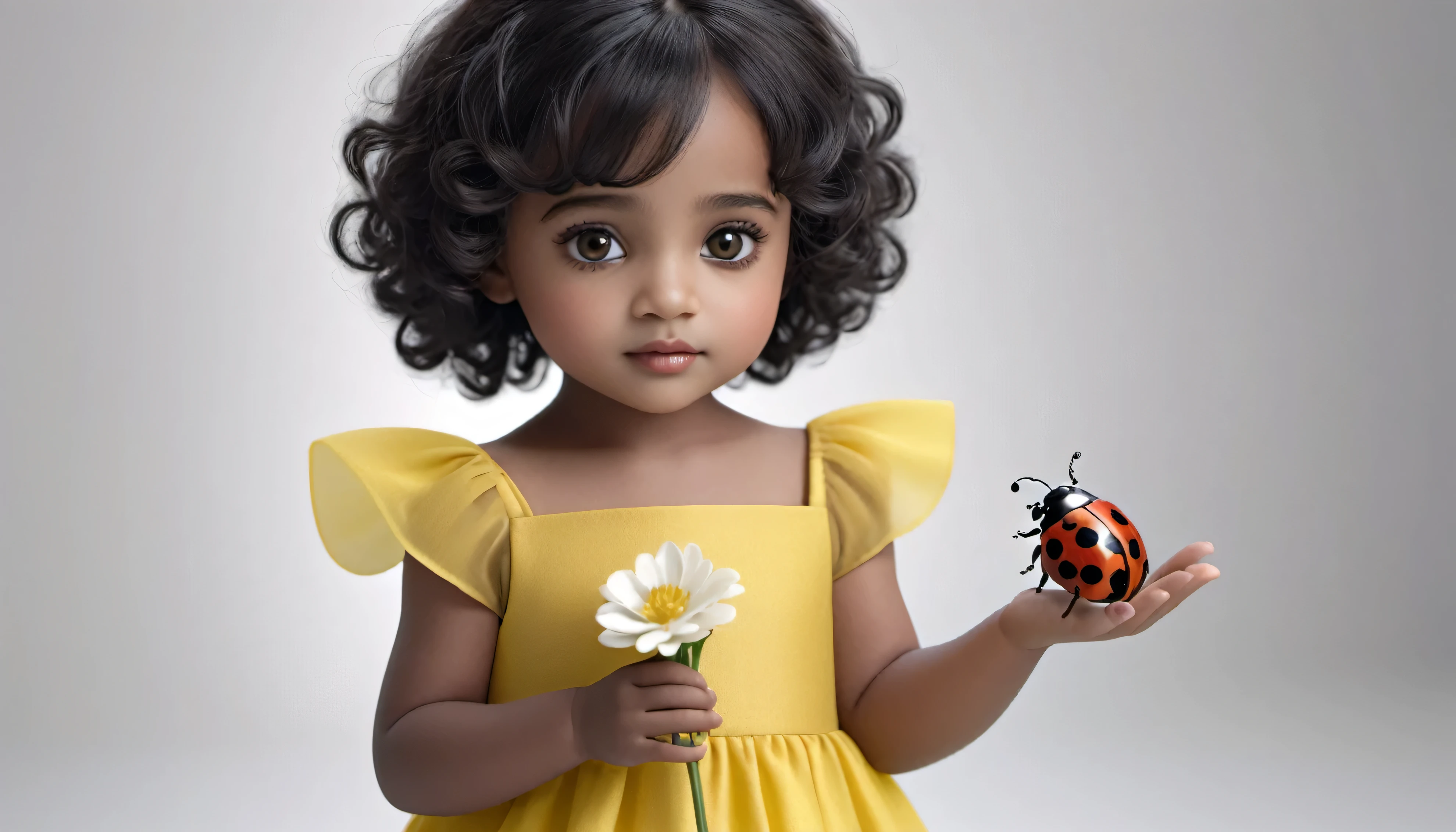 Baby dark skin color, Black curly hair, Dark brown eyes, Yellow dress with flowers, Holding a ladybug in hand, Silver Background, 8k, 3D.