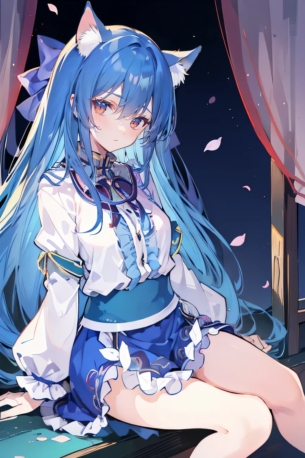 (masterpiece:1.2),ultra-detailed,realistic,expressive eyes,fair-skinned,perfectly shaped face,1girl,
Japanese cartoons,Gorgeous blue hair, flowing blue hair,floating clothes,cat ears,petals falling,beautiful Lola,Hina Angel,
hands on waist,gracefully sitting on the ground,legs crossed,gentle and serene background,cool and comfortable pavilion,night ,