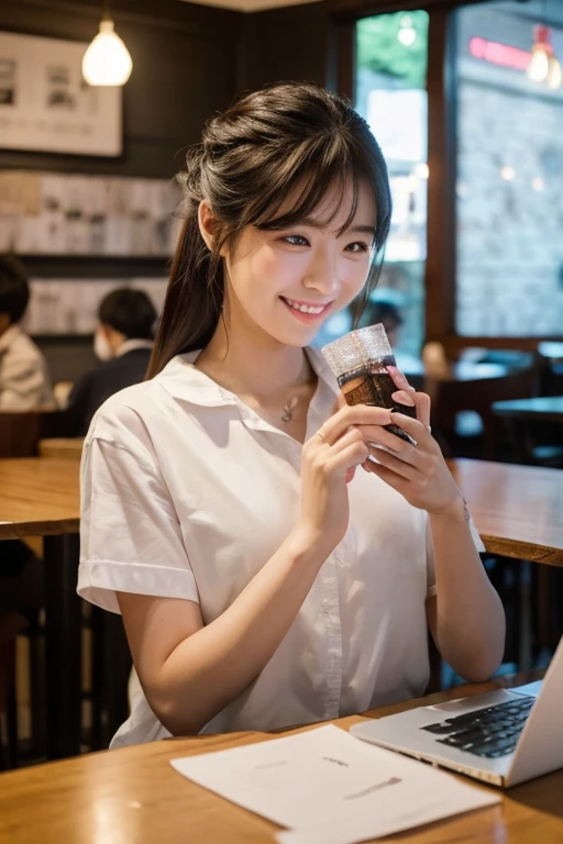 最high quality、masterpiece、超A high resolution、(Photorealistic:1.4)、非常にdetailedな CG Unity 8K 壁紙、detailedかつ複雑、original、High resolution、Raw photo、(Perfect figure)、detailedかつ複雑,、Digital SLR、Soft Lighting、high quality、Film Grain、Depth of written boundary、Fujifilm XT3、50mm lens、Backlight、Hmph、Ultra-realistic、Color Grade、Portrait、Korean、Toothless smile、体もLook forwardいます、Look forward、Natural soft light、With a girl、26 years old、Feminine white shirt、Working with a laptop、Sitting at a table in a café、Daytime、cute、Beauty、Cold light 12000K \\ 、Stylish interior、detailed、Skin Texture、超detailedな、リアルなSkin Texture、(dramatic、Award-winning photo、信じられないほどのmasterpiece:1.3)、Perfect Anatomy、Perfect Shading