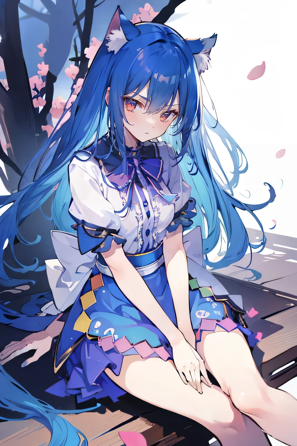 (masterpiece:1.2),ultra-detailed,realistic,expressive eyes,fair-skinned,perfectly shaped face,1girl,
Japanese cartoons,Gorgeous blue hair, flowing blue hair,floating clothes,cat ears,petals falling,beautiful Lola,Hina Angel,
hands on waist,gracefully sitting on the ground,legs crossed,gentle and serene background,cool and comfortable pavilion,night ,