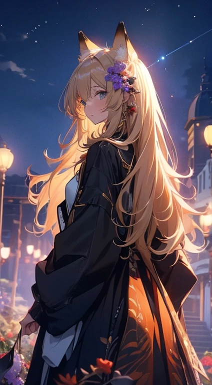 1people々々々々々,Blonde long-haired woman,Fox Ears,Long coat, Dress Silhouette, Rear View,Space Sky, Flower Field,Colorful flowers