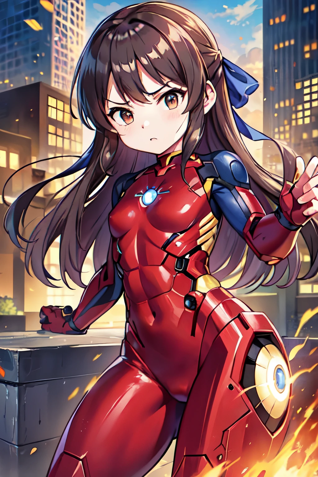 NSFW、Primary school students、child、Long Hair、((Small breasts、Small breasts、child体型、Angry、Wounded Body、Blue ribbon))、((iron man suit))、City of night、Rooftop、Boxing stance、8 year old 、Fight the enemy、A body covered in scars、Struggled、Sweating profusely