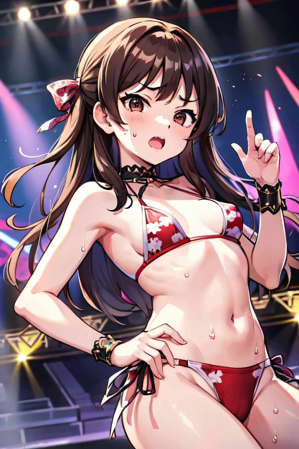 NSFW、Primary school students、、Long Hair、((Small breasts、Small breasts、Angry))、((Sweating profusely、Idol Costumes、Bikini))、Draw the whole body、Dancing、Standing on the idol stage