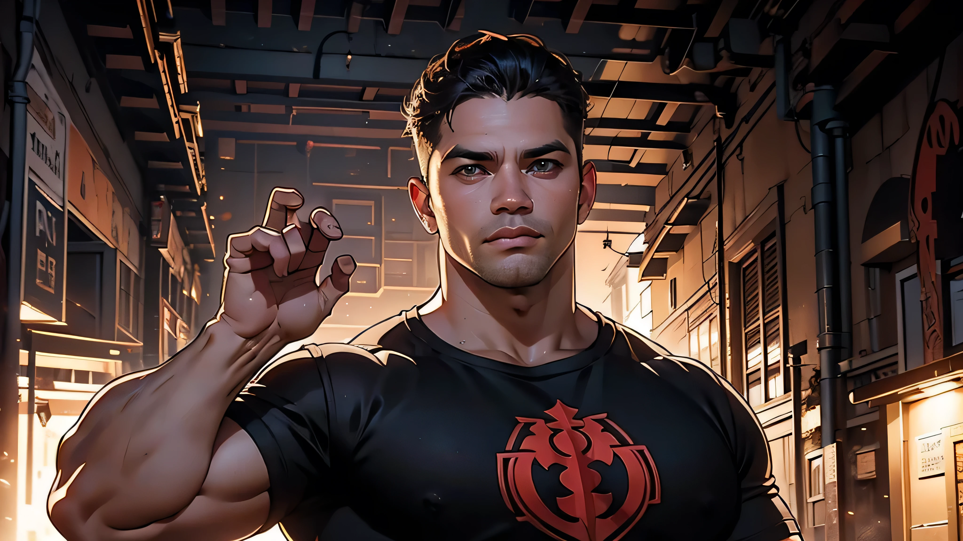 Um homem forte, shirt with a heroic logo using the letter C, in an alert position in a dimly lit alley, anatomia humana perfeita, High definition, detalhes precisos, paleta de cor avermelhada, No deformation