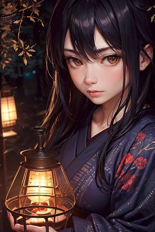 (Close-up shot:1.5), Japanese Samurai, Night forest glade background, (evening), moonlight, Bokeh, (Art by Jeremy Mann and Edvard Munch), Beautiful composition, Complementary Color, masterpiece, Awards