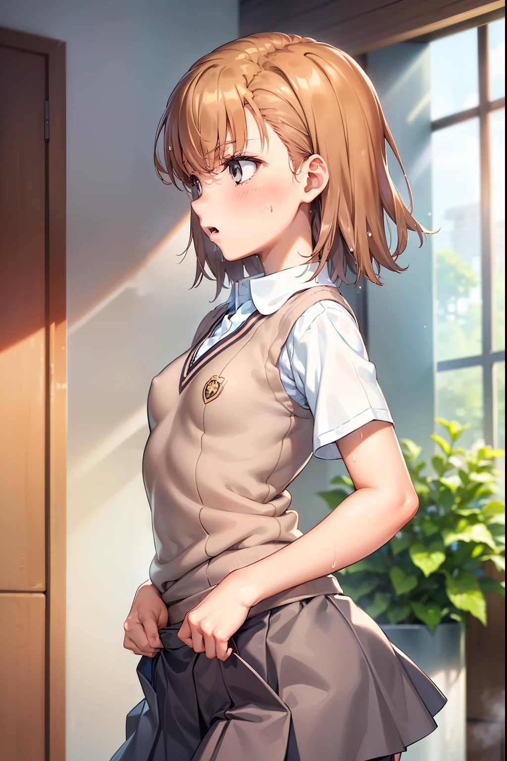 Smooth anime CG art、Focus Only、1 girl、(((View from the side)))、(((Grey Skirt)))、Sweater vest、Short sleeve、(((Small breasts)))、(((sweat)))、Semi-short hair、(((Sweaty)))、Watery eye、blush、(((Embarrassed look)))、((Open your mouth))、(((Are standing)))、(((slouch)))、((indoor))