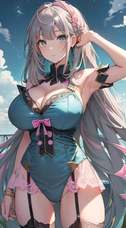 最high quality、Best image quality、masterpiece、With a girl((18-year-old、Best Bust、Large bast、Beautiful golden eyes、Spread your chest wide,(Long hair with grey and blue tips:1.8)、Slender、Big Valley、,Show the whole body、Open your arms、Pink ring on your wrist、手からlightningを放つ))high quality、Beautiful art、background((Night Sky、Black Cloud、lightning、violent thunder、Lightning strikes、Red Thunder、青いLightning strikes、Gold Thunder)))Tabletop、Visual Arts、Depth of written boundary、Night Sky(Squat:1.5)、(open legs:1.5).(showoff pink lace.panty:1.6).(slim legs:1.5)、(huge breasts:1.9)