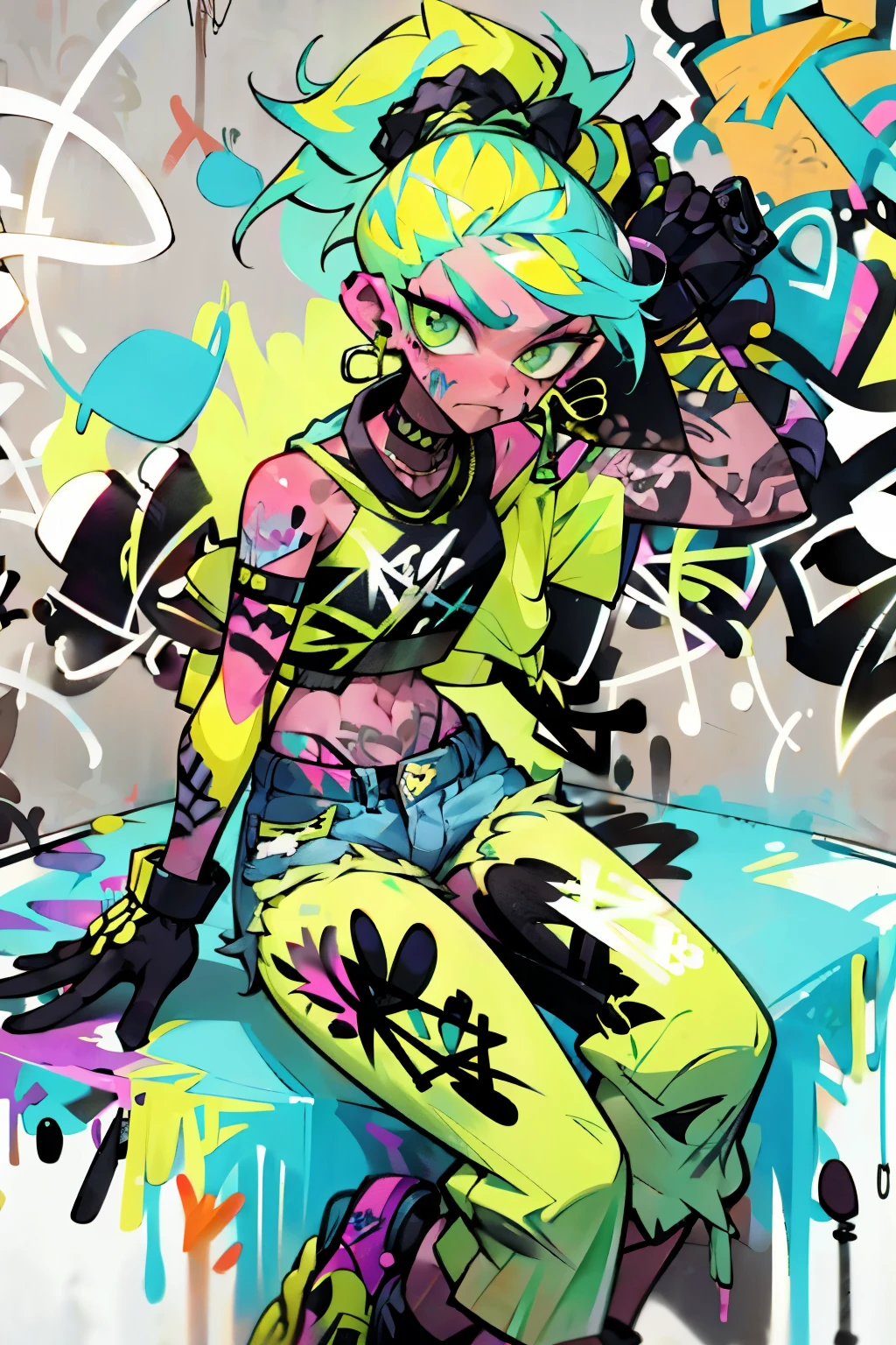 masterpiece, best quality, 1non gender, solo, crop top, denim shorts, choker, (graffiti:1.5), paint splatter, Pastel lime green hair, 1Girl, New Balance Apparel, cool pose, ponytail hair, paint wall background, both arms on back, black gloves, new styles, sit pose, new poses