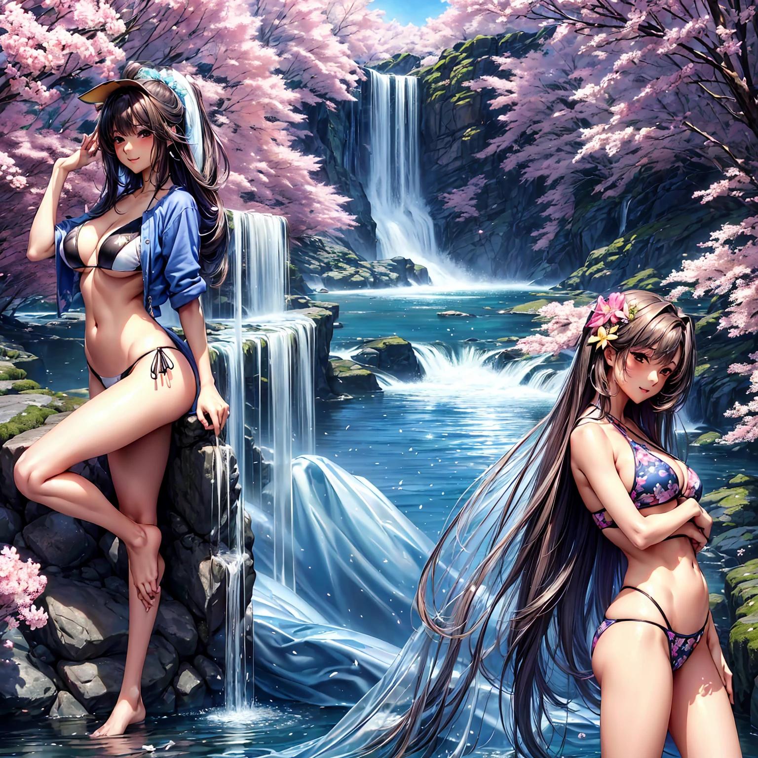 (((highest quality、masterpiece、Very high resolution、Highly detailed images)))、Beauty Painting,A woman of perfect and ultimate beauty:18-year-old, Beautiful body,Beautiful breasts、Beautiful Face:smile、Various Hair Styles、Best skin and hair texture、((Thong bikini swimsuit:かわいいThong bikini swimsuit:Japanese Pattern、Female organ:pubic hair)),Mystical Waterfront:Beautiful waterfall and flowers blooming in summer,Night Sky:Starry Sky,Natural light,Beautiful views,Beautiful colors,look back:Ass shot,Model shoot:Beautiful pose,Hair blowing in the wind,Overall image、Accurate Images、Accurate anatomy、Flawless images,Perfect image,Overall image,(Best Shot,RAW Photos:1.2)