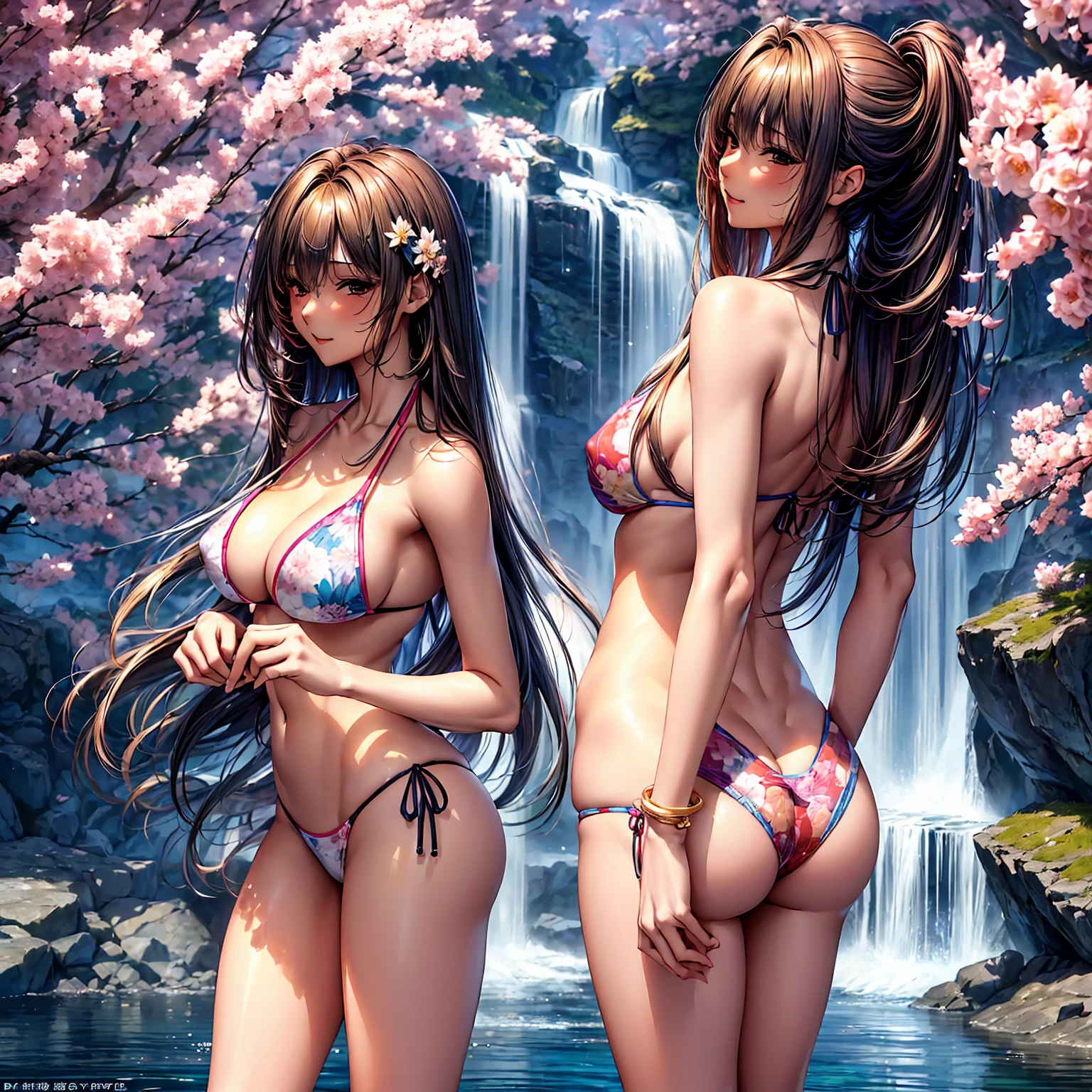 (((highest quality、masterpiece、Very high resolution、Highly detailed images)))、Beauty Painting,A woman of perfect and ultimate beauty:18-year-old, Beautiful body,Beautiful breasts、Beautiful Face:smile、Various Hair Styles、Best skin and hair texture、((Thong bikini swimsuit:かわいいThong bikini swimsuit:Japanese Pattern、Female organ:pubic hair)),Mystical Waterfront:Beautiful waterfall and flowers blooming in summer,Night Sky:Starry Sky,Natural light,Beautiful views,Beautiful colors,look back:Ass shot,Model shoot:Beautiful pose,Hair blowing in the wind,Overall image、Accurate Images、Accurate anatomy、Flawless images,Perfect image,Overall image,(Best Shot,RAW Photos:1.2)