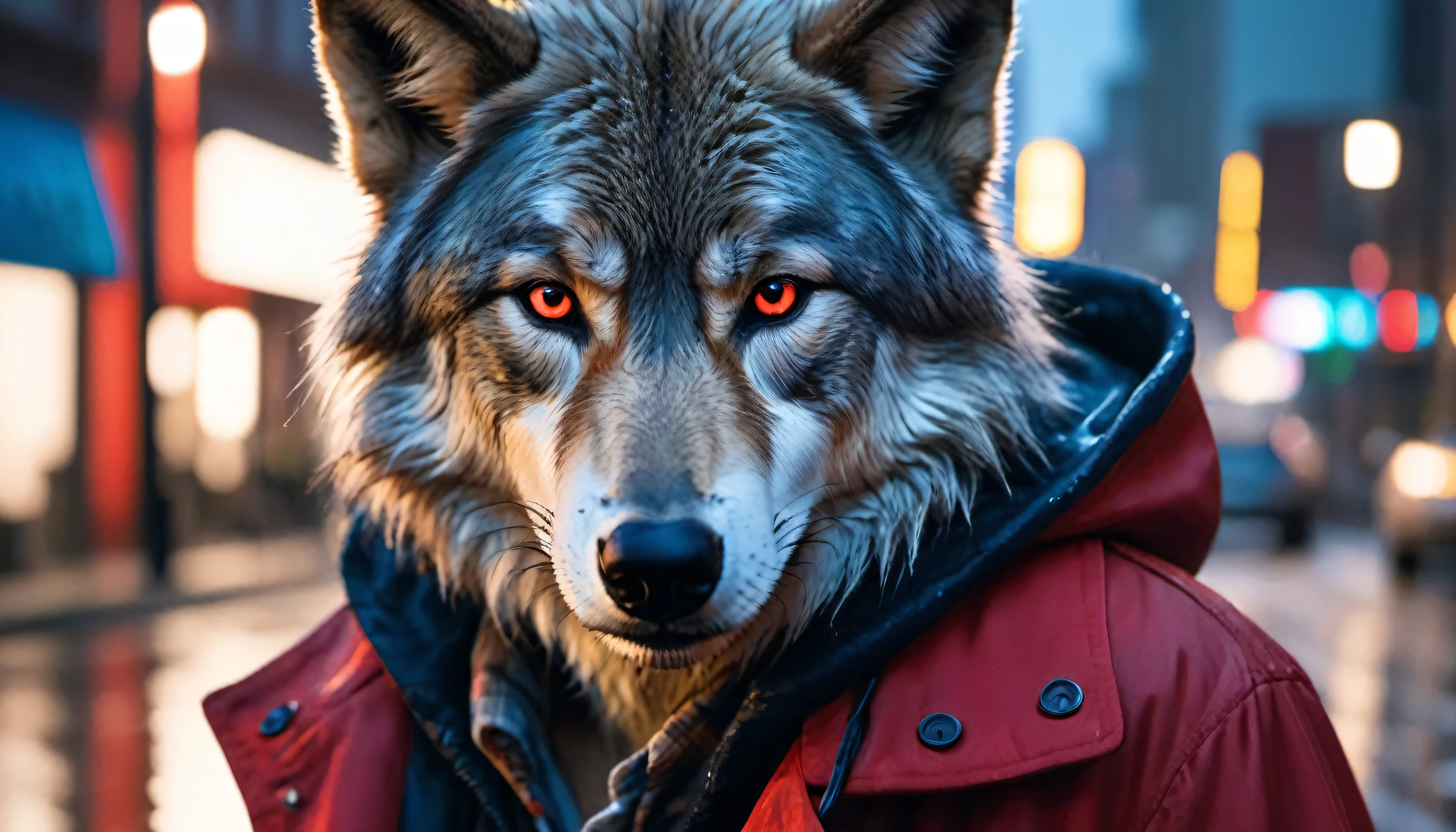 (More detailed explanation, high quality), Shaggy Wolf, Walking around the city, (night, Bright light, urban environment), (Dynamic Framing, Intense expression, Messy Hair), (Bright red eyes, Detailed coat), (Colorful spots, Wet roads), (Wolf head focus), (Bright focus on the eyes).