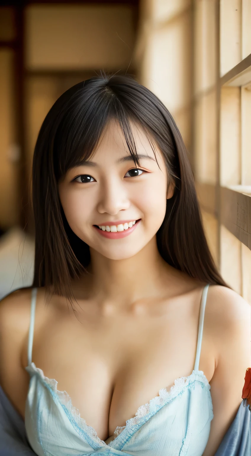 masterpiece,best quality,(Japanese ),((Beautiful girl)),cleavage,indoor,(perfect body beauty:1.2),(shy smile),beautiful teeth,