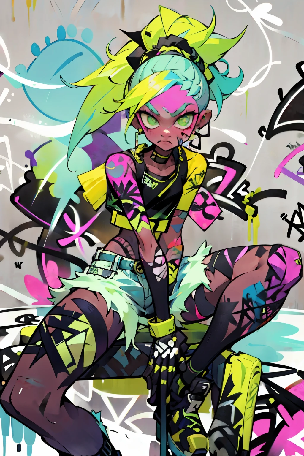 masterpiece, best quality, 1non gender, solo, crop top, denim shorts, choker, (graffiti:1.5), paint splatter, Pastel lime green hair, 1Girl, New Balance Apparel, cool pose, ponytail hair, paint wall background, both arms on back, black gloves, new styles, sit pose, new poses