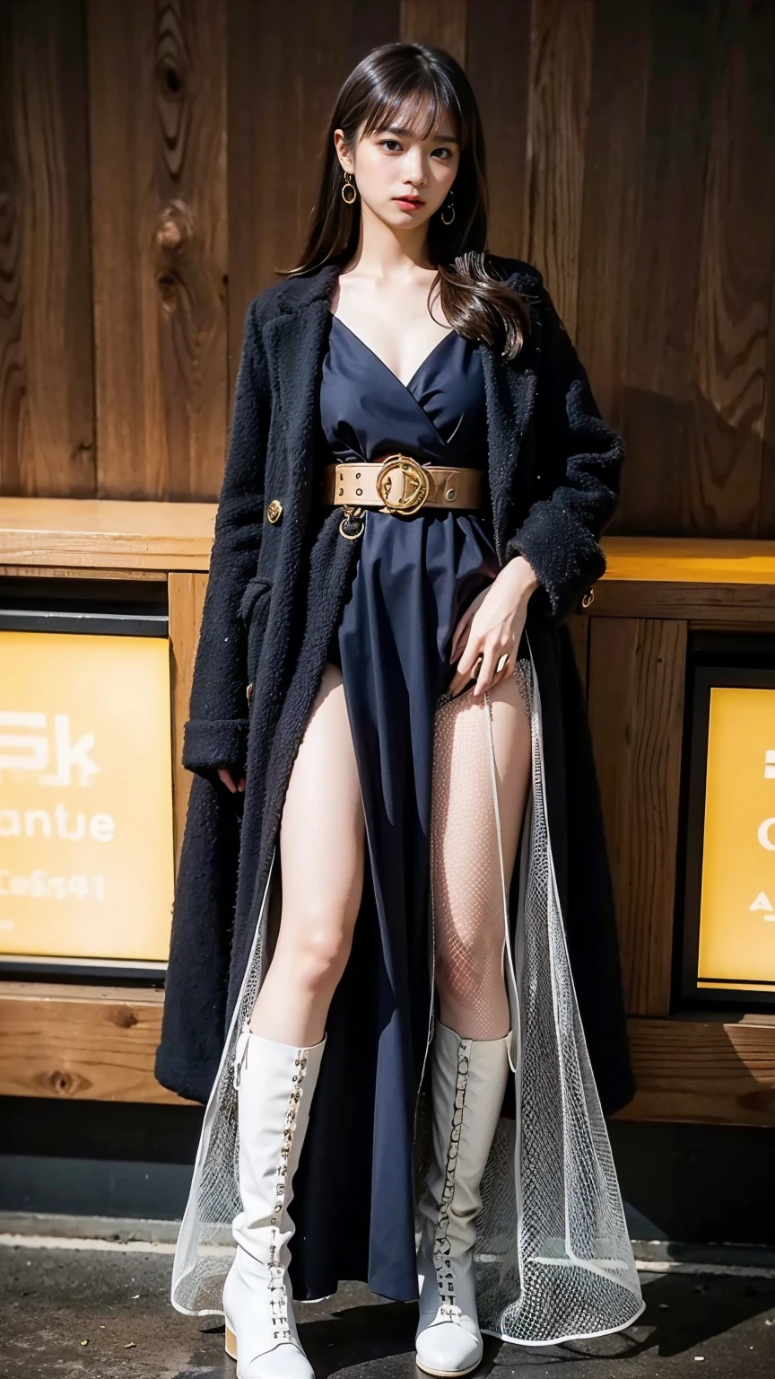 (8k、RAW Photos、highest quality、masterpiece:1.2)、(Realistic、Realistic)、1 girl、((Pink Dress、Black accents、Cute Costumes、Gold Belt、See-through、boots、Large Breasts、View from the front、Standing with hands on hips))、Lots of eyelashes、Glowing eyelids、skeletally correct