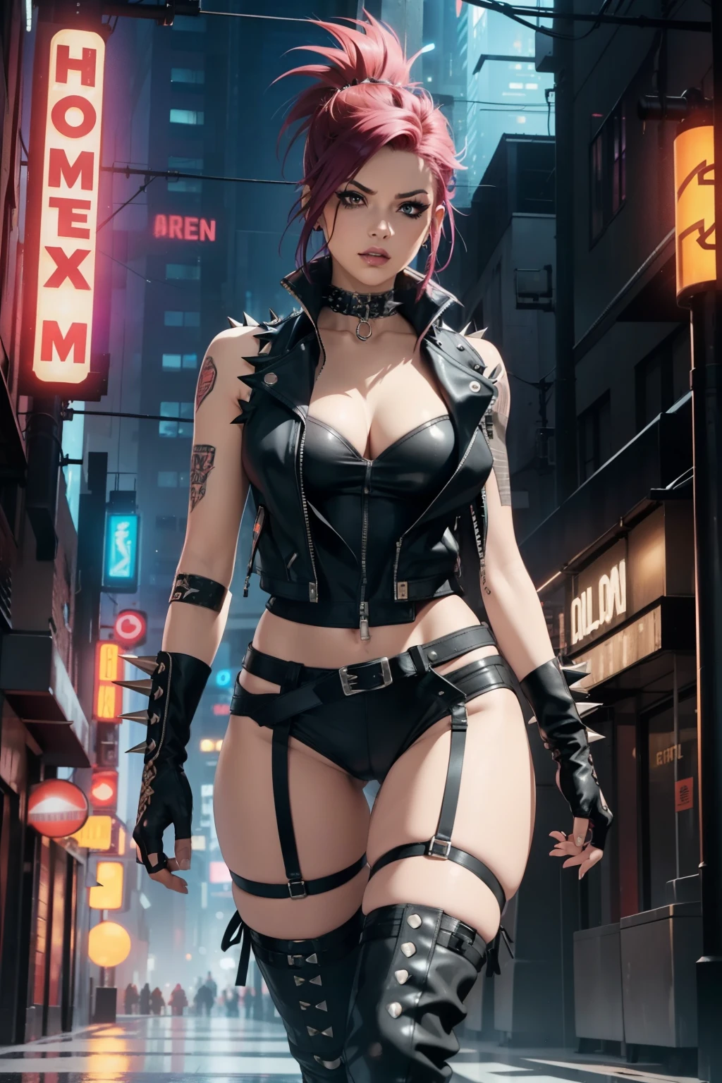 A beautiful alluring punk rock female, colorful mohawk hair, black leather straps and spikes, black leather vest, black leather spiked long gloves, black leather spiked thigh high long boots, torn fishnet socks, exposed crotch, exposed breasts, tattoos punk rock theme, at a neon lit city alley, Fiverr Dnd Character, Octane Render, Digital Art, Extreme Detail, 4k, Ultra Hd, Polished, Beautiful, Hyperdetailed, Intricate, Elaborate, Meticulous, Photorealistic, Sharp Focus, Wlop, Character Design, Unreal Engine, 3d Rendered, Volumetric Lighting, Reflections, Glossy, Digital Illustration, Sensual Pose, Suggestive Pose, Lewd, Full Body Shot, anatomically correct 💖❤💕💋❣