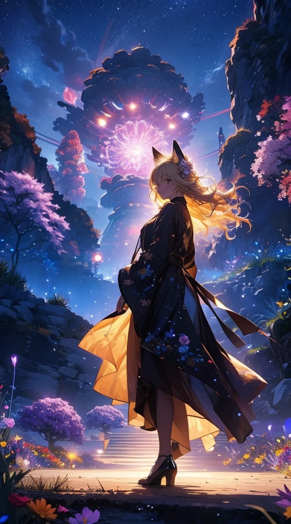 １people々々々々々々,Woman with medium length blonde hair，Fox Ears，Long coat， Dress Silhouette， Rear View，Space Sky, Flower Field，Colorful flowers，Dancing Petals，