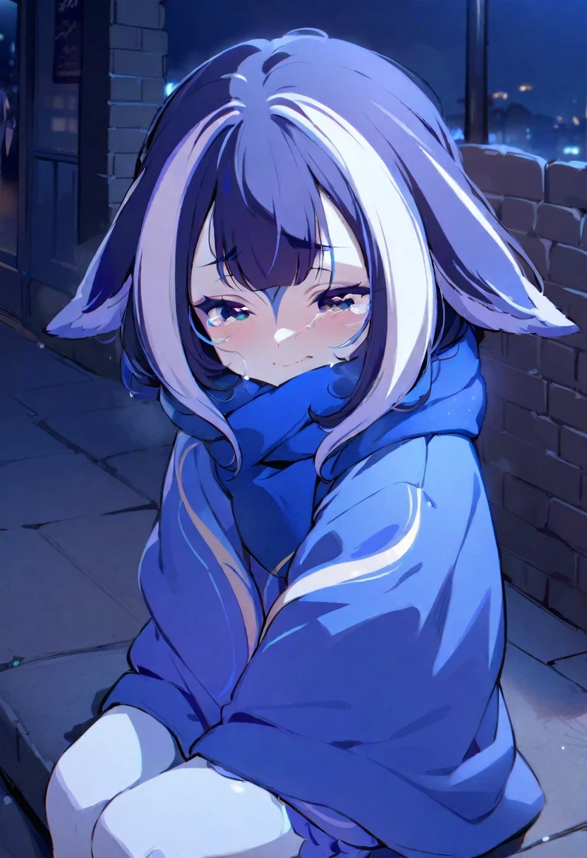 (shylily/(Twich/):1.5),(masterpiece:1.2),(best quality:1.2),, (1girl:1.3),((A girl sitting on the street feeling cold and crying, Teary-eyed, Sad cute face 🥺 )), night,