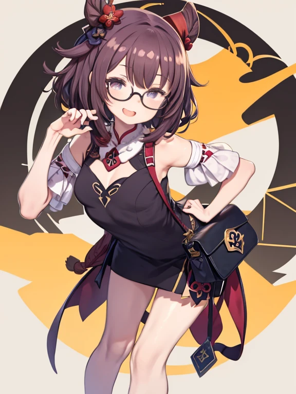 One girl，Shoulder bag，Hu Tao Rosen，，Shhhh\（Genshin Impact\），malicious，A light smile，grinning smile，Claw Pose，Tinted Glasses，playful girl，Bent over，Wink，Open your mouth，