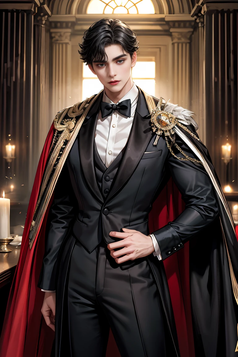 masterpiece, 最high quality, high quality, 1 boy, alone, male focus, looking at the viewer, whole body, Winning spirit_destiny, Messy black hair, blue adorable big eyes, white people, Noble, Noble, Noble-like Vampire、An elegant tuxedo,A very large, very tall stand-up collar, a very large, very long, long cape that reaches down to the floor, made of a lot of fabric, red and black., 17 years old,cute beautiful boy,cute cute handsome boy