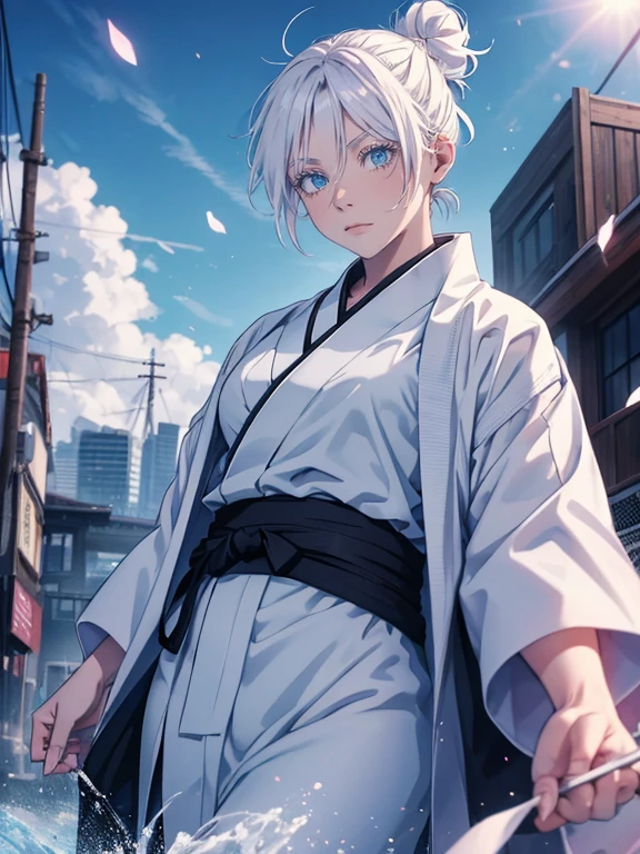 age girl, female, jujutsu kaisen, white hair, hair bun, white eyebrows, white eyelashes, sky blue eyes, white kimono, feminine, high quality, 4k resolution, anime, six eyes