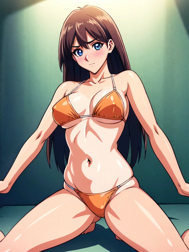 a very beautiful animated cartoon of an anime girl in underwear and swimsuit, 1girl, solo, swimsuit, bikini, from below, multicolored hair, blush, long hair, pussy juice, navel, white background, small breasts, looking at viewer, breasts, simple background, cameltoe, hairband