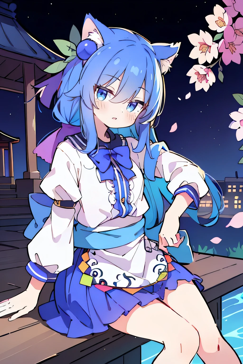(masterpiece:1.2),ultra-detailed,realistic,expressive eyes,fair-skinned,perfectly shaped face,1girl,
Japanese cartoons,Gorgeous blue hair, flowing blue hair,floating clothes,cat ears,petals falling,beautiful Lola,Hina Angel,
hands on waist,gracefully sitting on the ground,legs crossed,gentle and serene background,cool and comfortable pavilion,night ,