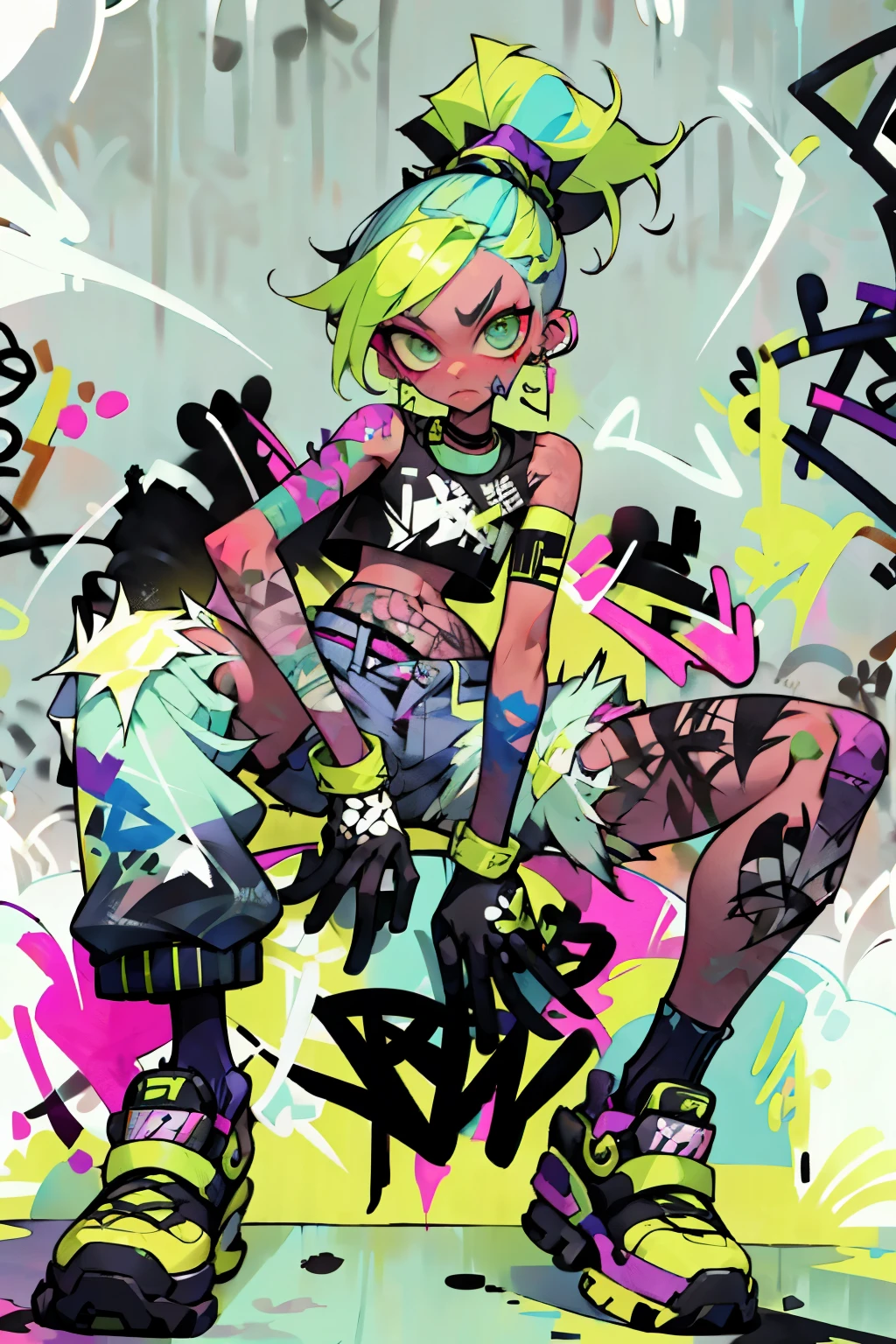 masterpiece, best quality, 1non gender, solo, crop top, denim shorts, choker, (graffiti:1.5), paint splatter, Pastel lime green hair, 1Girl, New Balance Apparel, cool pose, ponytail hair, paint wall background, both arms on back, black gloves, new styles, sit pose, new poses