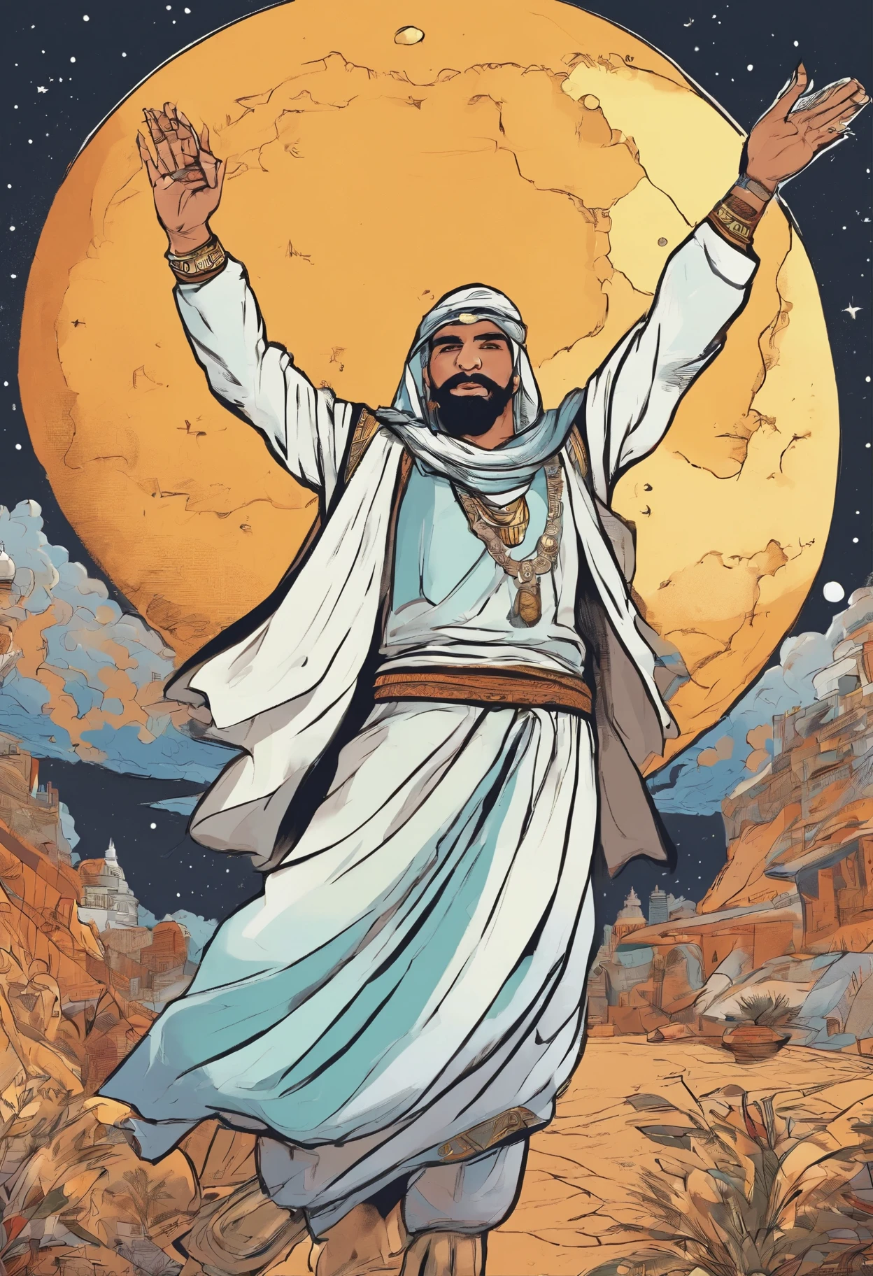 Arab nomad with his arms raised towards the moon, which is divided into two halves