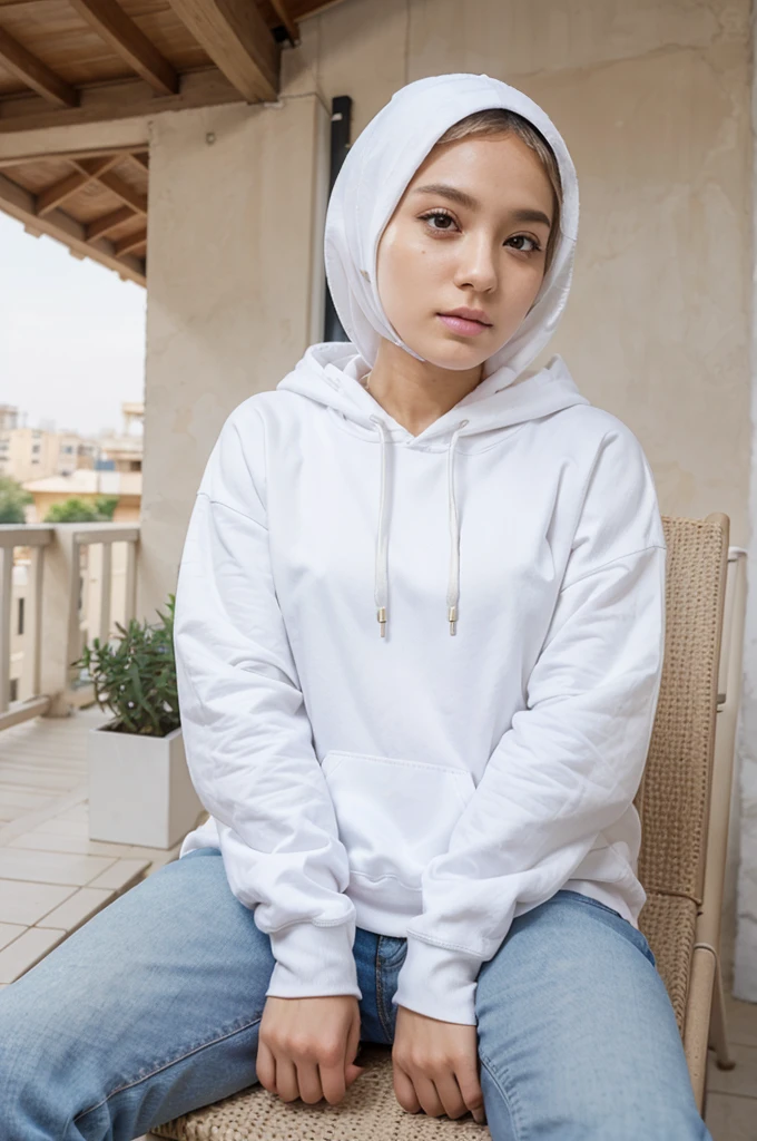 woman、White Face、Wearing a hijab、Wearing a white hoodie、Wearing jeans、Sitting in a chair、House terrace background、Real、UHD