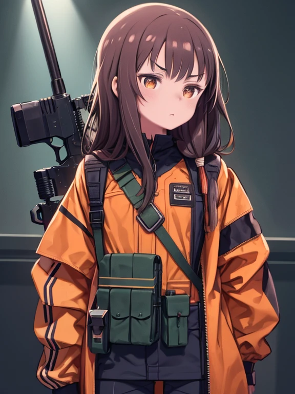 (8K Ultra HD) (masterpiece) 1 girl, Long Hair, orange eye color, He wears a tactical jacket and has lots of pouches., Blue Jean Wearing Pistol Holster, Carry Bag, Holding an M14 battle rifle, Seeing the sad faces of the viewers.