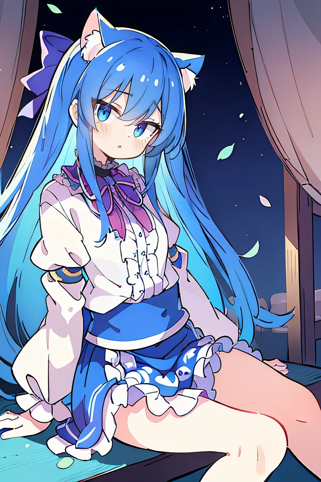 (masterpiece:1.2),ultra-detailed,realistic,expressive eyes,fair-skinned,perfectly shaped face,1girl,
Japanese cartoons,Gorgeous blue hair, flowing blue hair,floating clothes,cat ears,petals falling,beautiful Lola,Hina Angel,
hands on waist,gracefully sitting on the ground,legs crossed,gentle and serene background,cool and comfortable pavilion,night ,