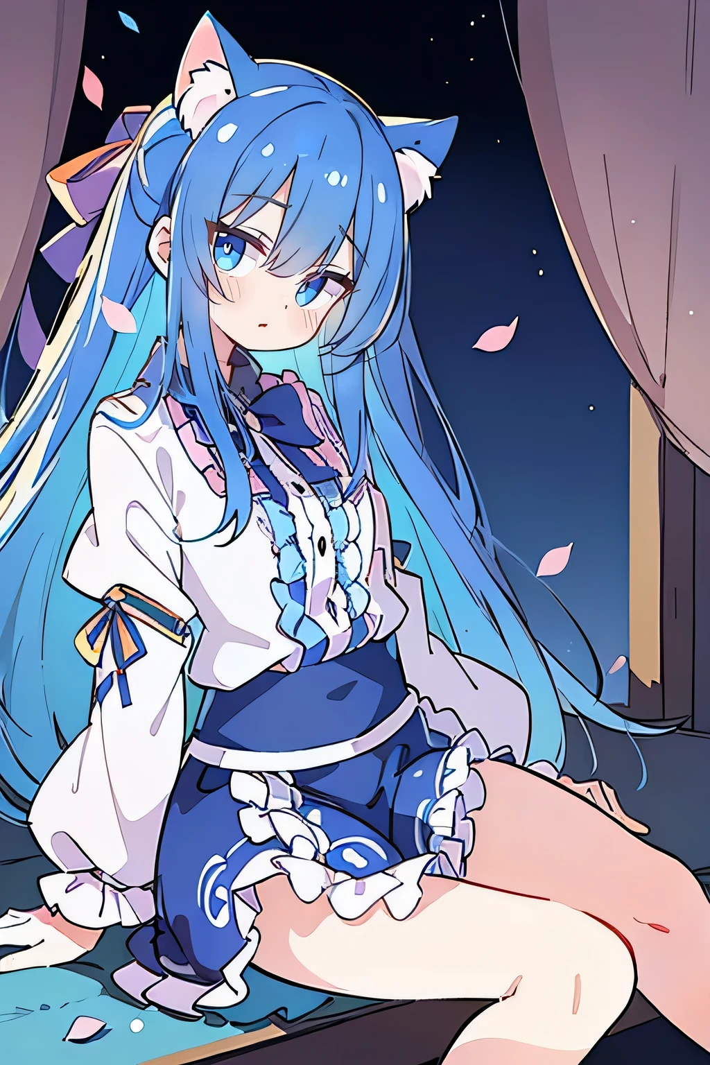 (masterpiece:1.2),ultra-detailed,realistic,expressive eyes,fair-skinned,perfectly shaped face,1girl,
Japanese cartoons,Gorgeous blue hair, flowing blue hair,floating clothes,cat ears,petals falling,beautiful Lola,Hina Angel,
hands on waist,gracefully sitting on the ground,legs crossed,gentle and serene background,cool and comfortable pavilion,night ,