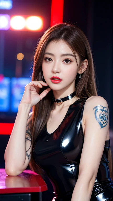 ((Masterpiece:1.4)、(Highest quality:1.4)、(realistic:1.7))、Masterpiece:1.4、(The best rendering:1.4)、(Female SWAT team member, Division 73, space federation.:1.4)、it is very beautiful.detective、(Written by Luis Royo:1.4)、(Hold the gun..:1.2)、sexy, form-fitting uniforms、Ultra high resolution,shining dress,long hairเงางาม,silver hair,clear hair,Highly detailed hair(Quality hair details:1.1)Clear eyes,Double eyelids look good..,(Luxurious shiny latex:1.4)、(Blue sleeveless jacket)、(ชุดชั้นในสีขาวsexyบิกินี่สุดsexy)、(luxurious red latex:1.4)、(Red pleated mini skirt:1.4)、22 years old、(Cute tattoos:1.4)、(Wear white gloves..)、lovely young woman、it is very beautiful.、Sharp focus、portrait photography、(Perfect female body:1.4)、perfect proportions、(Upper body photography:1.4)、Beautiful face、Look without fear、beautiful eyes、small waist、(Beautiful girl with long legs and style:1.4)、Beautiful feet、(long hair:1.2)、Beautiful breasts、big breasts:1.2、ก้นsexy、(Stand facing the front..:1.4)、raw photos、red lips、red high heels:1.4、choker:1.4、necklace:1.4、earring:1.4、1 display、Beautiful night view of Cyberpunk city..:1.2