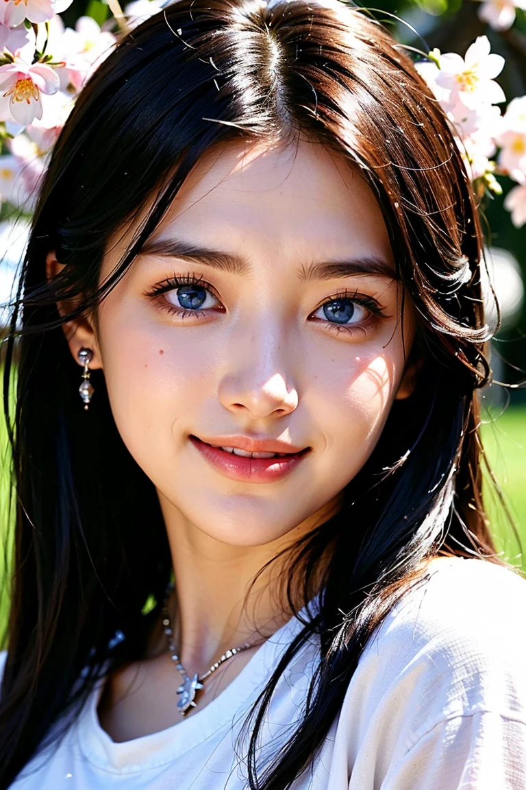 Save this image、Pale face and eyes:1.3、細くて薄いPale face and eyes:1.3, (Clear blue eyes:1.3)、{highest quality}, {{masterpiece}}, {Very delicate and beautiful}, Extraordinary light and shadow, Highly detailed wallpaper, Sunny and bright, whole body, whole body、 1 girl, , blush:1.2、(Bushy black hair:1.5)、Cut your bangs evenly at eyebrow height:1.5、Dark eyeliner、Thick eyebrows、Heavy makeup、Strong sunlight:1.5,  (White T-shirt)、 Delicate Hair,Realistic skin texture,(B cup breasts)、Visible wrinkles on the skin., Broad shoulders:1.5, ((A strong light shines on your face:1.5)), Posing with her hair up:1.5, necklace、ring、earrings、(Smiling with teeth showing:1,5)、Background of a park with cherry blossoms in full bloom:1.5, Ray Tracing、Cowboy Shot:1.5