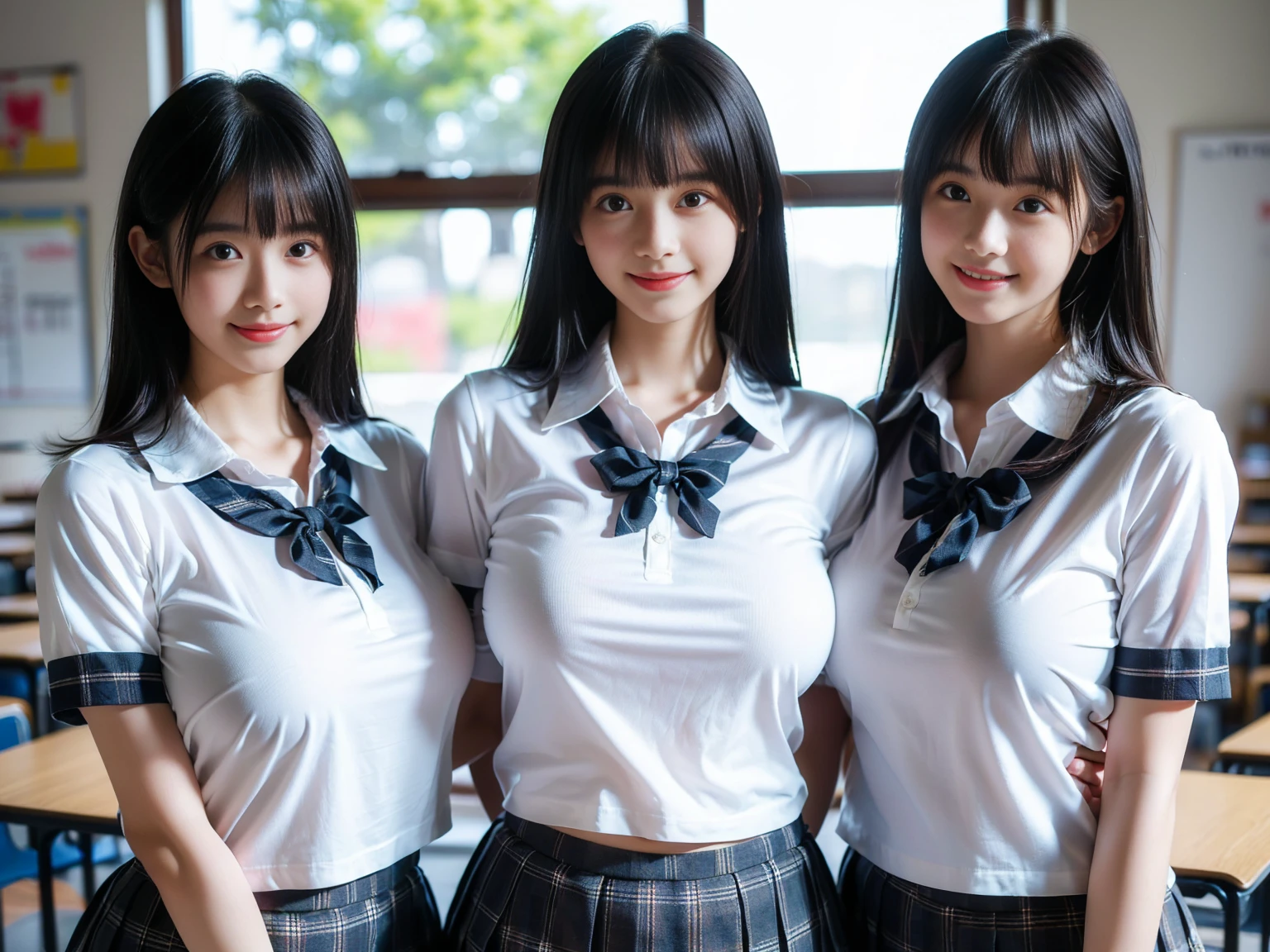 (8K, Raw photography, top-quality, ​masterpiece:1.2),  ((3 beatiful girls))、.（Realistic Skins 1.4）、（（（female high-school student、School Uniforms、）））、{{‎(The background is a luxury hotel room}}（（School Uniforms、white Cutter shirt、darkblue pleatedskirt))、（(long hair)）、((One has short hair)),（A dark-haired、The forehead is hidden by bangs、）、Black eyes、shinny skin.Beautiful delicate face、Beautiful delicate eyes、｛Voluptuous body shape、Thicker thighs｝、One piercing in each ear、((smile:1.3)),((large breasts)), ((navy blue tie)) ,looking at camera, ((close up))