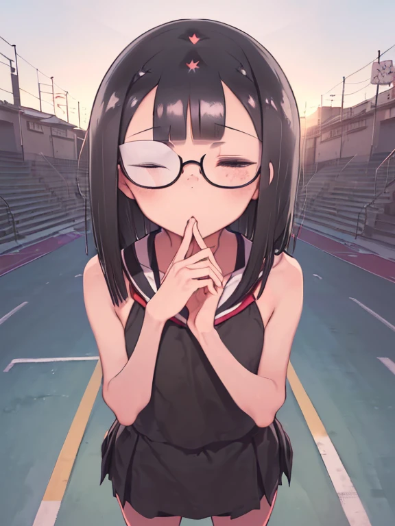 ((((((1 girl))))))(((sunny Schoolyard))Athletics Stadium)))、high school girl、(Red Gym Shorts)、Flat Chest、Small Ass、Sober、Short length、((((long bangs hide the eyes:1.5))))、((freckles))、(((Long black hair:1.4))) (((hair band)))(((Black-rimmed glasses:1.2 black eye)))、Bevel、look at me、Standing position、From the left