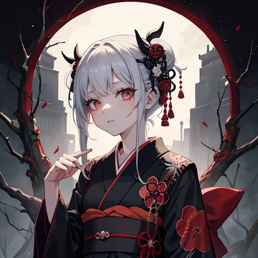 A girl with bleeding scars, Wearing Japanese kimono, Wearing black kimono, Cultic ceremony, Evil alter, Deadly groves, Morbid face, Insanity face, Gloomy dark, Darkness, Night atmosphere
