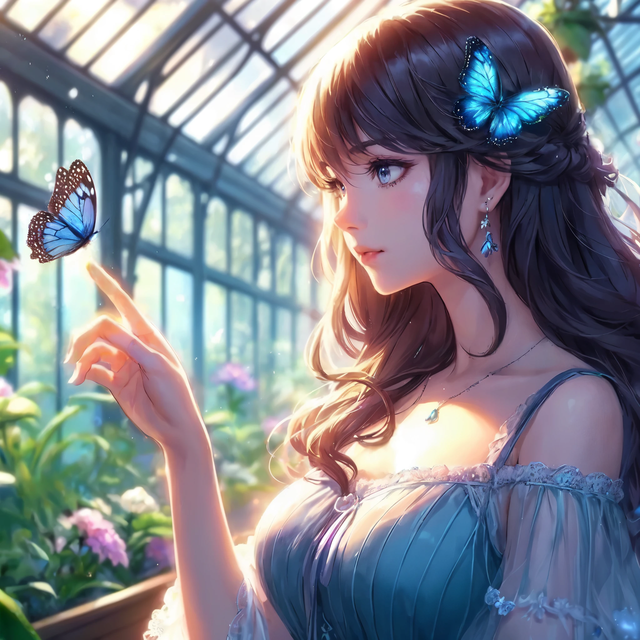 1lady solo, profile, (one hand up) (extending index finger gently), (blue butterfly landing on index finger), (cool and stylish dress), mature female, /(dark brown hair/) bangs, (light smile:0.8), (masterpiece best quality:1.2) delicate illustration ultra-detailed, large breasts BREAK (blue butterfly perching on index finger), (realistic blue butterfly:1.1), (glowing wings:1.1) BREAK (stylish greenhouse) indoors, plants, (soft lighting) noon, detailed background