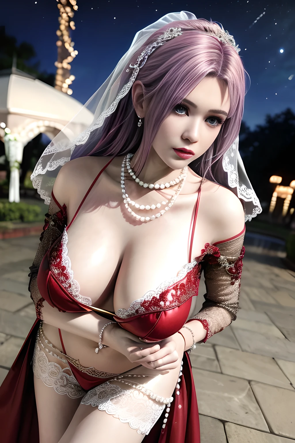 1 girl,lean over ,(Wearing Wedding Dress:1.2) ,(Wearing Jewel:1.2) ,( red lace_coat:1.2),(Fluffs :1.2),(pearl bodychain:1.3),outdoor,elegant,nighttime,moonlighe,shiny skin,( huge breasts), lip gloss,tattoos, masterpiece, best quality, realistic ,Surrealism,natural colors art in 8k,soft shadows,Portrait art,solo,  elise,