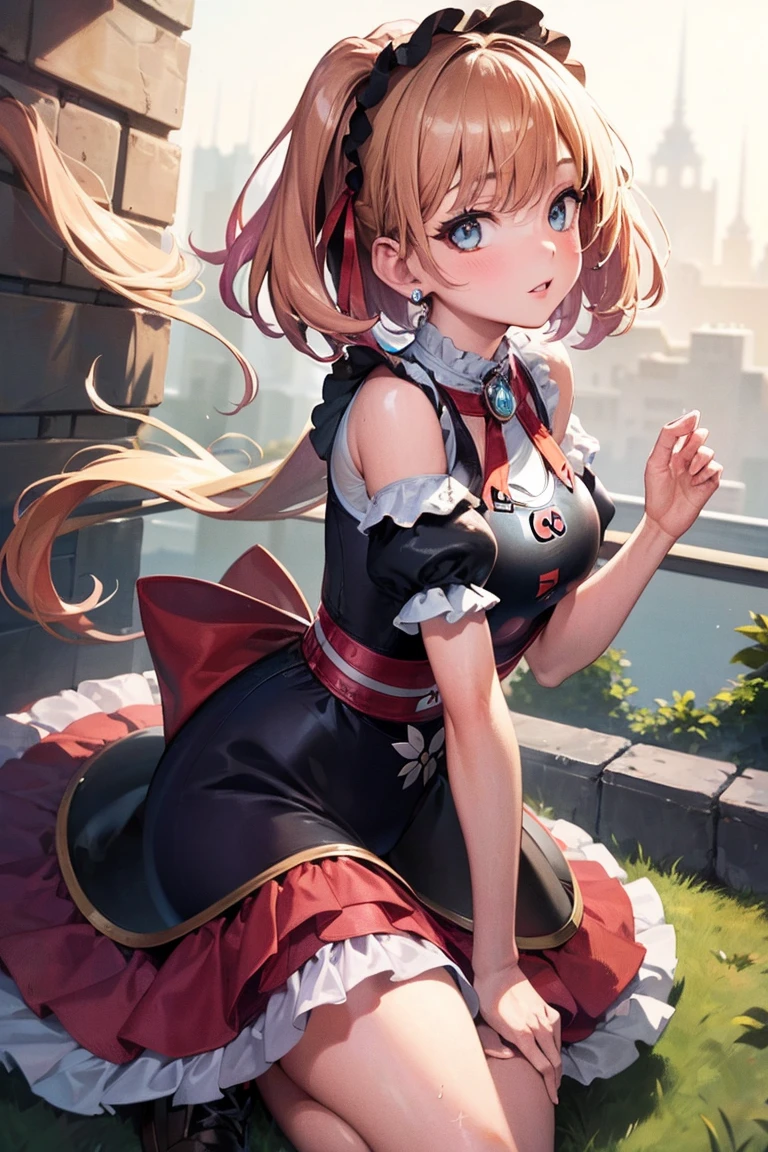 nsfw, 8k, Delicate image quality, best quality, (((blond twintails))), (((Red Magical Girl Costumes))), panty hose, 16 year  old Beautiful girl, masterpiece, best quality, ultra detailed, Photo taken from below, outdoors, After rain, rainbow, leg spread,