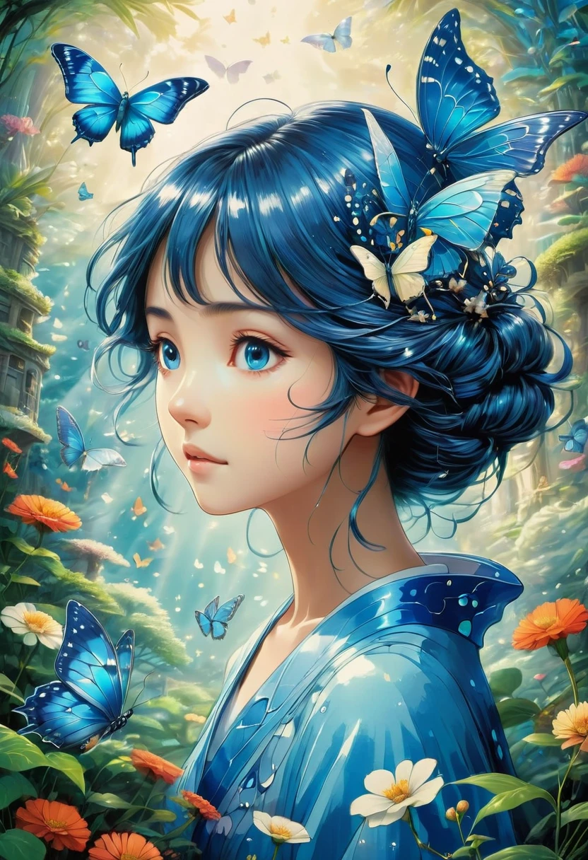 blue butterfly, by Studio Ghibli, best quality, masterpiece, very aesthetic, perfect composition, intricate details, ultra-detailed