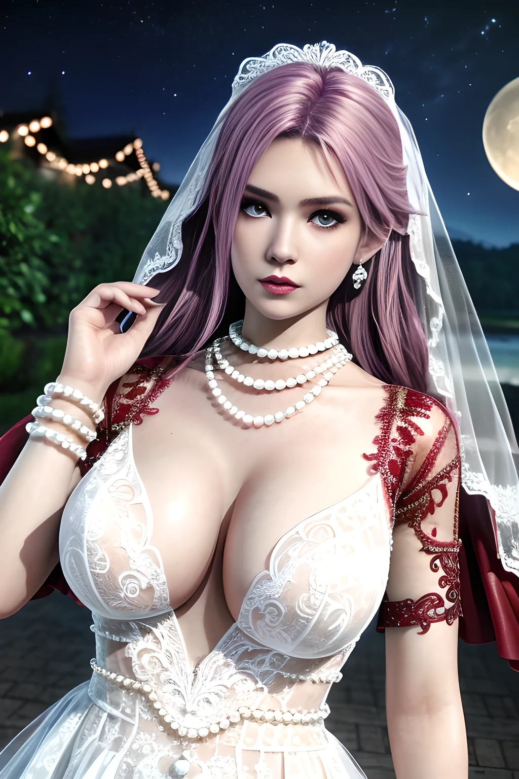 1 girl,lean over ,(Wearing Wedding Dress:1.2) ,(Wearing Jewel:1.2) ,( red lace_coat:1.2),(Fluffs :1.2),(pearl bodychain:1.3),outdoor,elegant,nighttime,moonlighe,shiny skin,( huge breasts), lip gloss,tattoos, masterpiece, best quality, realistic ,Surrealism,natural colors art in 8k,soft shadows,Portrait art,solo, elise,