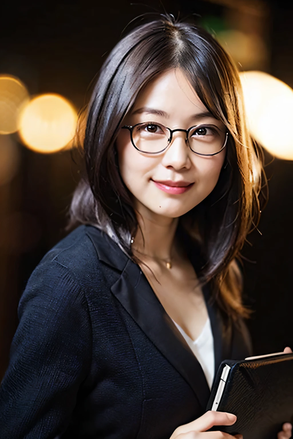 (8k、Raw photo、highest quality、masterpiece:1.2)、(Realistic、Photorealistic:1.37)、Ultra-detailed、超A high resolution、1 girl、40 years old、Seeing the viewer、Beautifully detailed face、A smile with slightly visible teeth、narrow、(Narrow waist) :1.3)、blazer、Beautifully detailed skin、Skin Texture、Floating Hair、Tie your hair together、Shapely large breasts、Professional Lighting、Autumn evening、library、(((Black square glasses )))、Human whole body、Black Hair、((Embarrassing appearance))、Accept the book、Japanese
