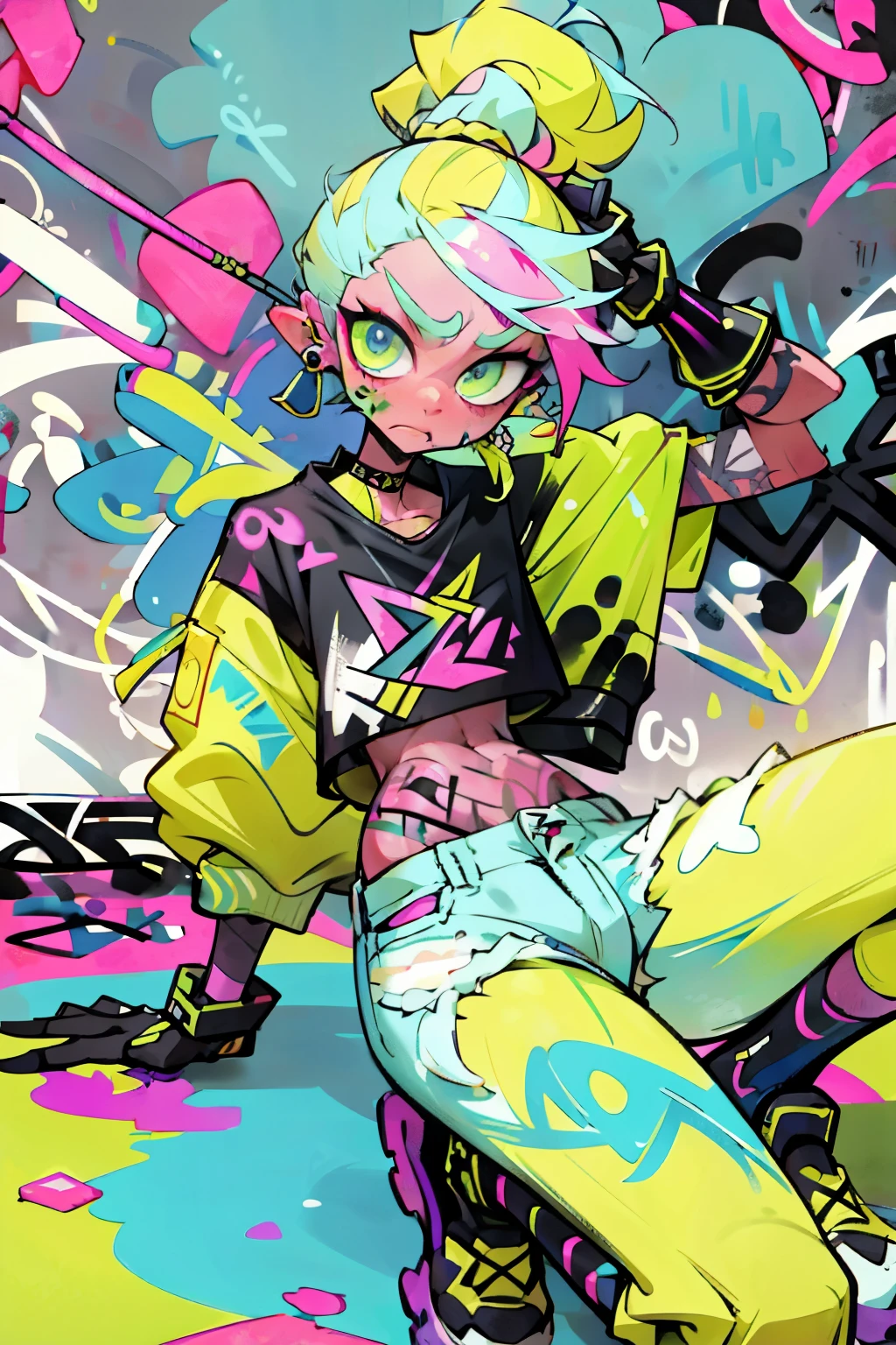 masterpiece, best quality, 1non gender, solo, crop top, denim shorts, choker, (graffiti:1.5), paint splatter, Pastel lime green hair, 1Girl, New Balance Apparel, cool pose, ponytail hair, paint wall background, both arms on back, black gloves, new styles, sit pose, new posesnon gender anime person in slim body with an outfit of yellow sweater with pink polkadot and blue and green pants, psycho, cool pose, left crab arms, zooble, cool sit pose, pink short messy hair, abstract triangular shapes