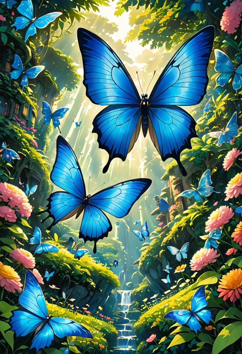 blue butterfly, by Studio Ghibli, best quality, masterpiece, very aesthetic, perfect composition, intricate details, ultra-detailed