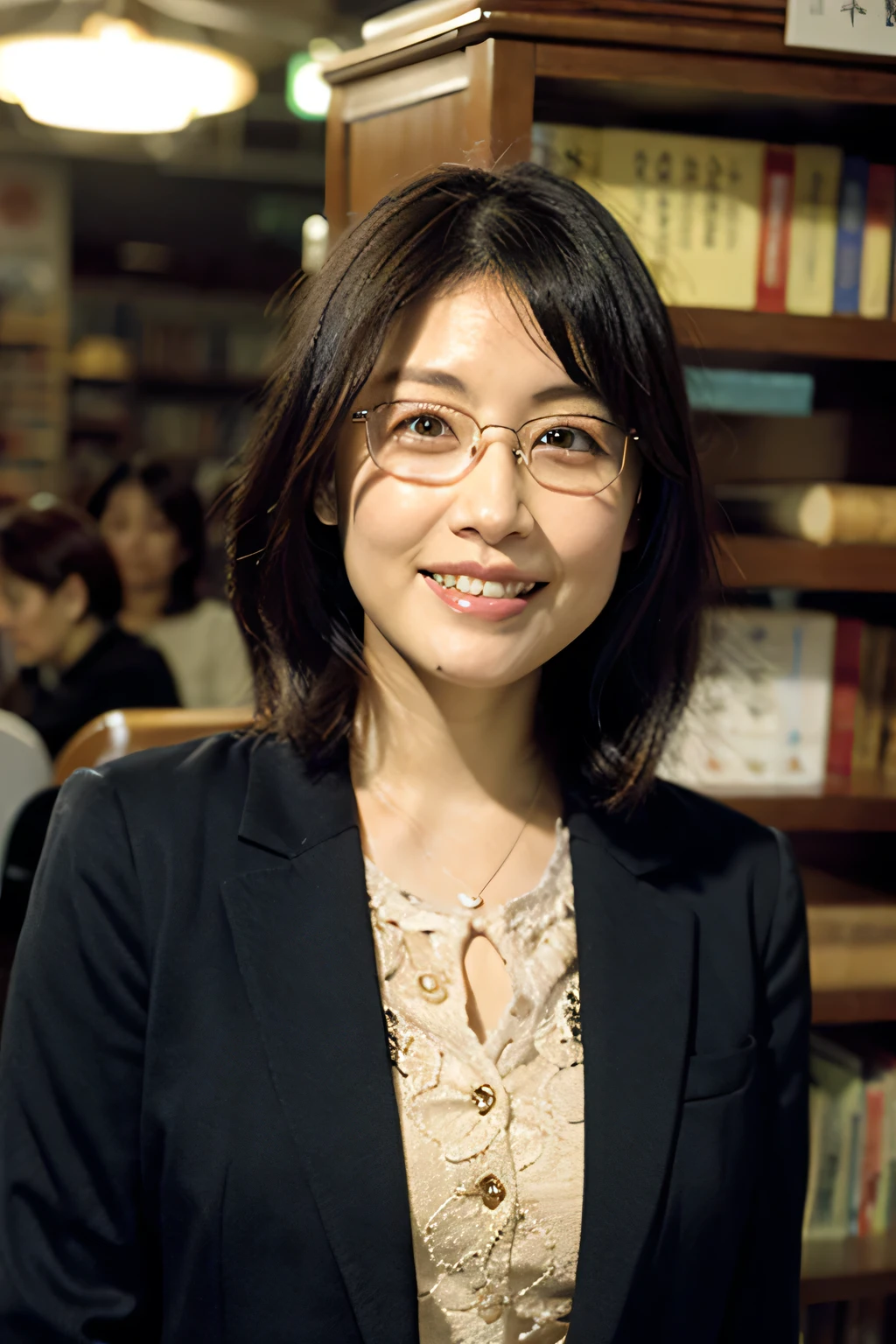 (8k、Raw photo、highest quality、masterpiece:1.2)、(Realistic、Photorealistic:1.37)、Ultra-detailed、超A high resolution、1 girl、40 years old、Seeing the viewer、Beautifully detailed face、A smile with slightly visible teeth、blazer、Beautifully detailed skin、Skin Texture、Floating Hair、Tie your hair together、Shapely large breasts、library、(((Black square glasses )))、Human whole body、Black Hair、((Embarrassing appearance))、Accept the book、Japanese、Highest quality、Beautiful legs