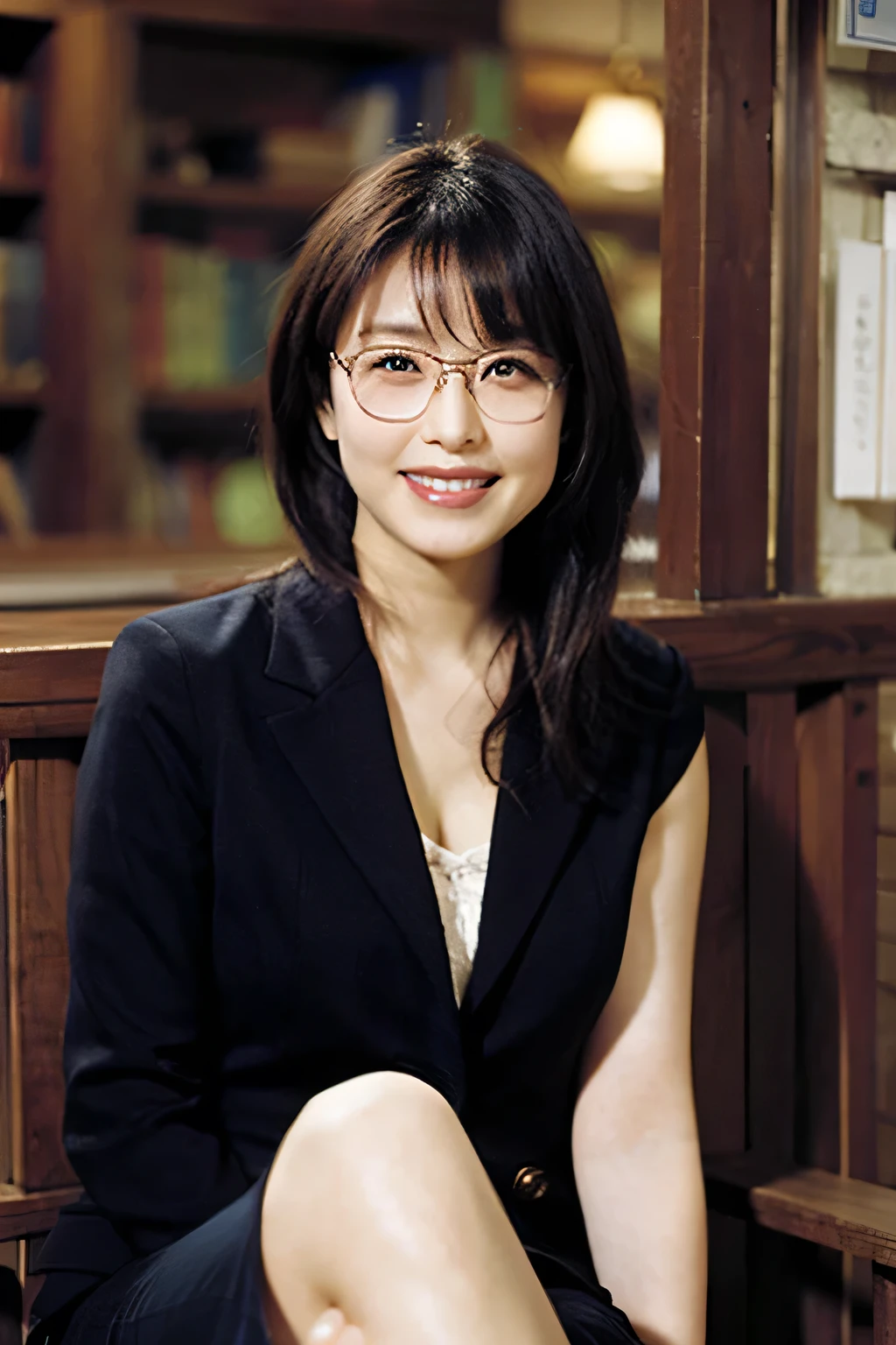 (8k、Raw photo、highest quality、masterpiece:1.2)、(Realistic、Photorealistic:1.37)、Ultra-detailed、超A high resolution、1 female、40 years old、Seeing the viewer、Beautifully detailed face、A smile with slightly visible teeth、blazer、Beautifully detailed skin、Skin Texture、Floating Hair、Tie your hair together、Shapely large breasts、library、(((Black square glasses )))、Human whole body、Black Hair、((Embarrassing appearance))、Accept the book、Japanese、Highest quality、Beautiful legs