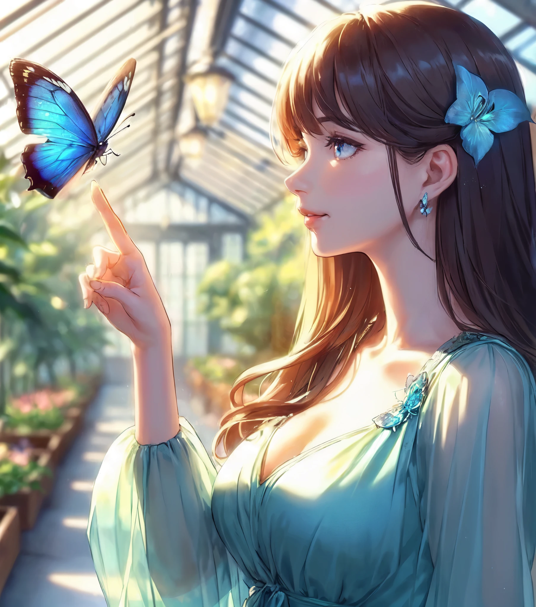 1lady solo, profile, (one hand up) (extending index finger gently), (blue butterfly landing on index finger), (cool and stylish dress), mature female, /(brown hair/) bangs, (light smile:0.8), (masterpiece best quality:1.2) delicate illustration ultra-detailed, large breasts BREAK (blue butterfly perching on index finger), (realistic blue butterfly:1.1), (glowing wings:1.1) BREAK (stylish greenhouse) indoors, plants, (soft lighting) noon, detailed background