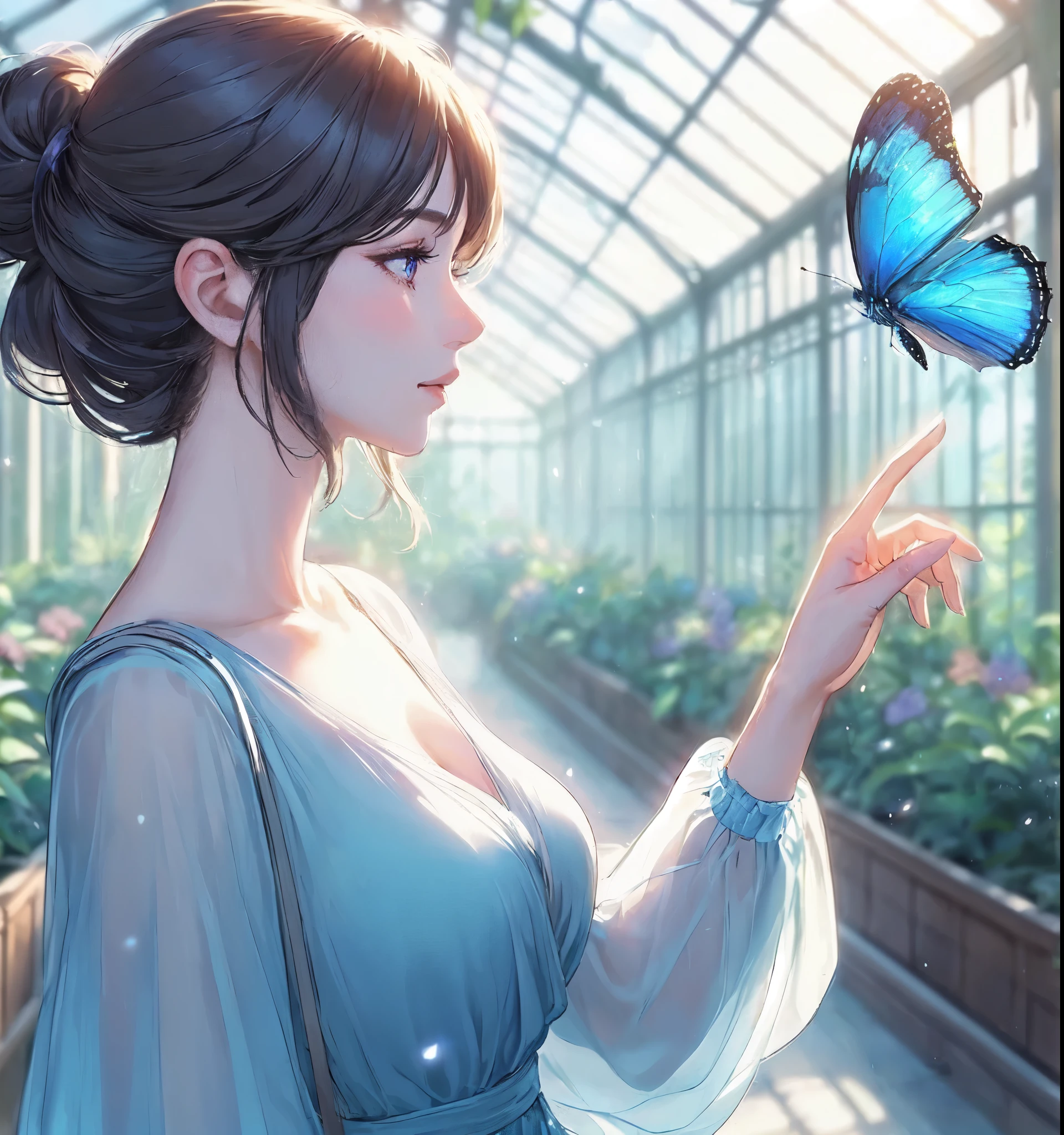 1lady solo, profile, (one hand up) (extending index finger gently), (blue butterfly landing on index finger), (cool and stylish dress), mature female, /(black hair/) bangs, (light smile:0.8), (masterpiece best quality:1.2) delicate illustration ultra-detailed, large breasts BREAK (blue butterfly perching on index finger), (realistic blue butterfly:1.1), (glowing wings:1.1) BREAK (stylish greenhouse) indoors, plants, (soft lighting) noon, detailed background
