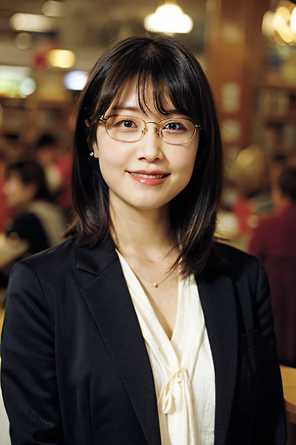 (8k、Raw photo、highest quality、masterpiece:1.2)、(Realistic、Photorealistic:1.37)、Ultra-detailed、超A high resolution、1 girl、40 years old、Seeing the viewer、Beautifully detailed face、A smile with slightly visible teeth、blazer、Beautifully detailed skin、Skin Texture、Floating Hair、Tie your hair together、Shapely large breasts、library、(((Black square glasses )))、Human whole body、Black Hair、((Embarrassing appearance))、Accept the book、Japanese、Highest quality、Shooting with a wide-angle lens